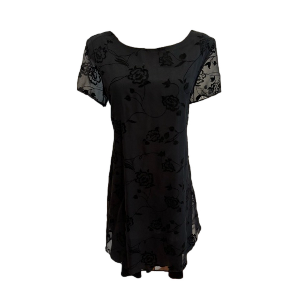 90s HELEN BLAKE BLACK MINI DRESS W CHIFFON W FLORAL VELVET FLOCK OVERLAY SZ 10